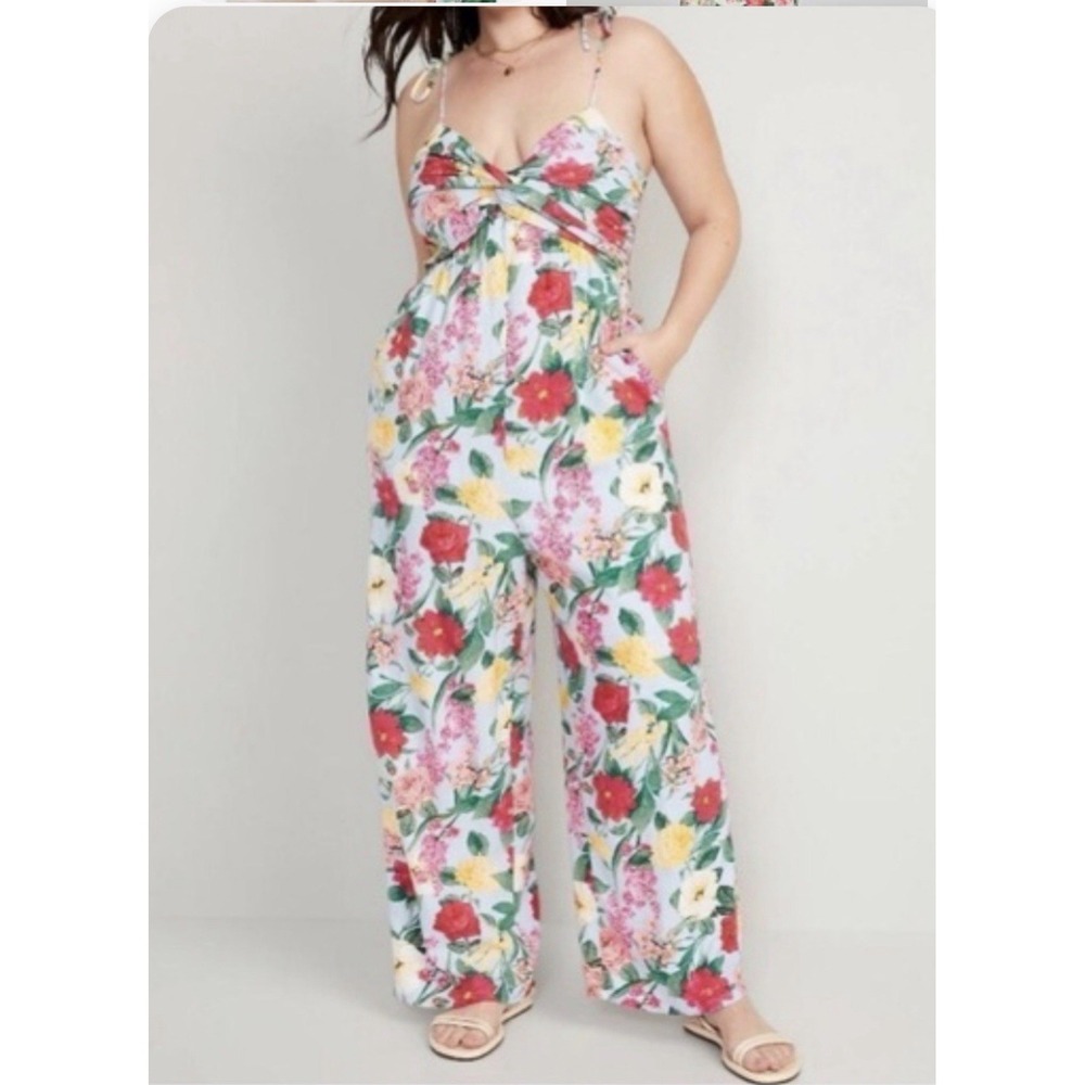 Old Navy Womens XXL Tropical Resortwear Vacation Linen Wide Leg Smocked Jumpsuit